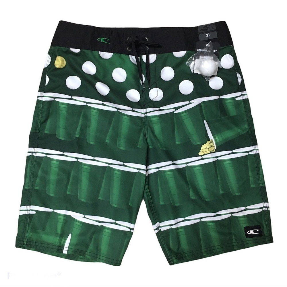 O’Neill St. Paddy’s Beer Pong Green Solo Cup Board Shorts Size 31 NEW